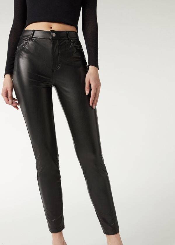 Calzedonia Thermal leather-effect Bukser Dame Sort | DK2743AP