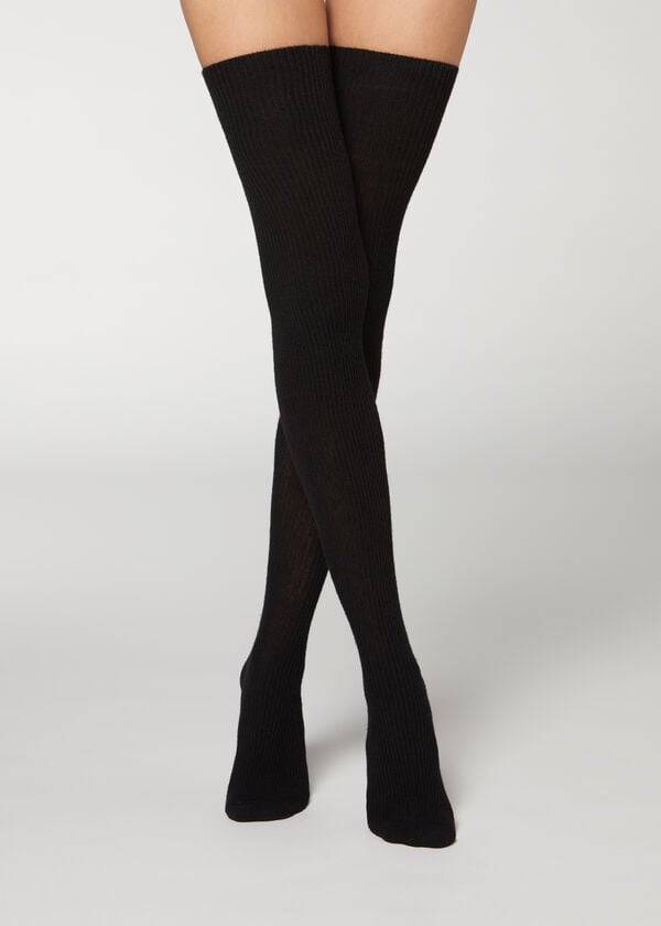 Calzedonia Thigh High Socks with Open Knit Uld Strømper Dame Sort | DK1270NB