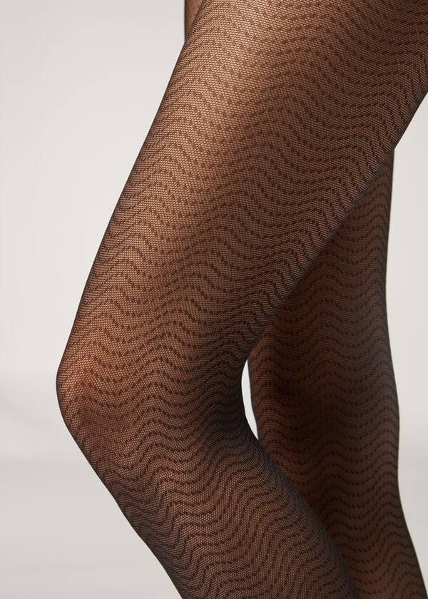 Calzedonia Wave-Motif Micronet Patterned Tights Dame Sort | DK1133KI